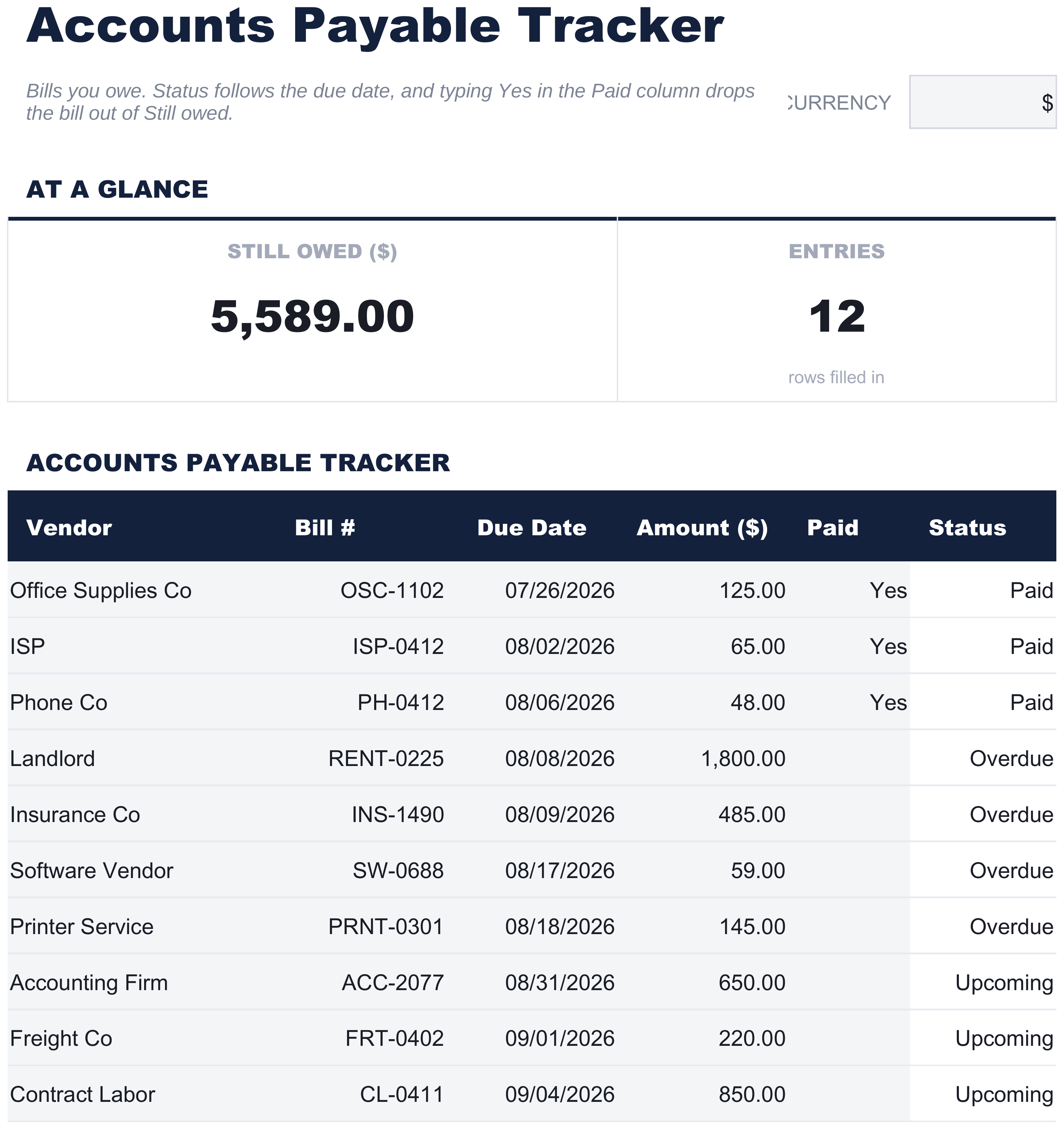 FinancialAha Kreditorenverfolgung Tabellenvorlage - AP sheet
