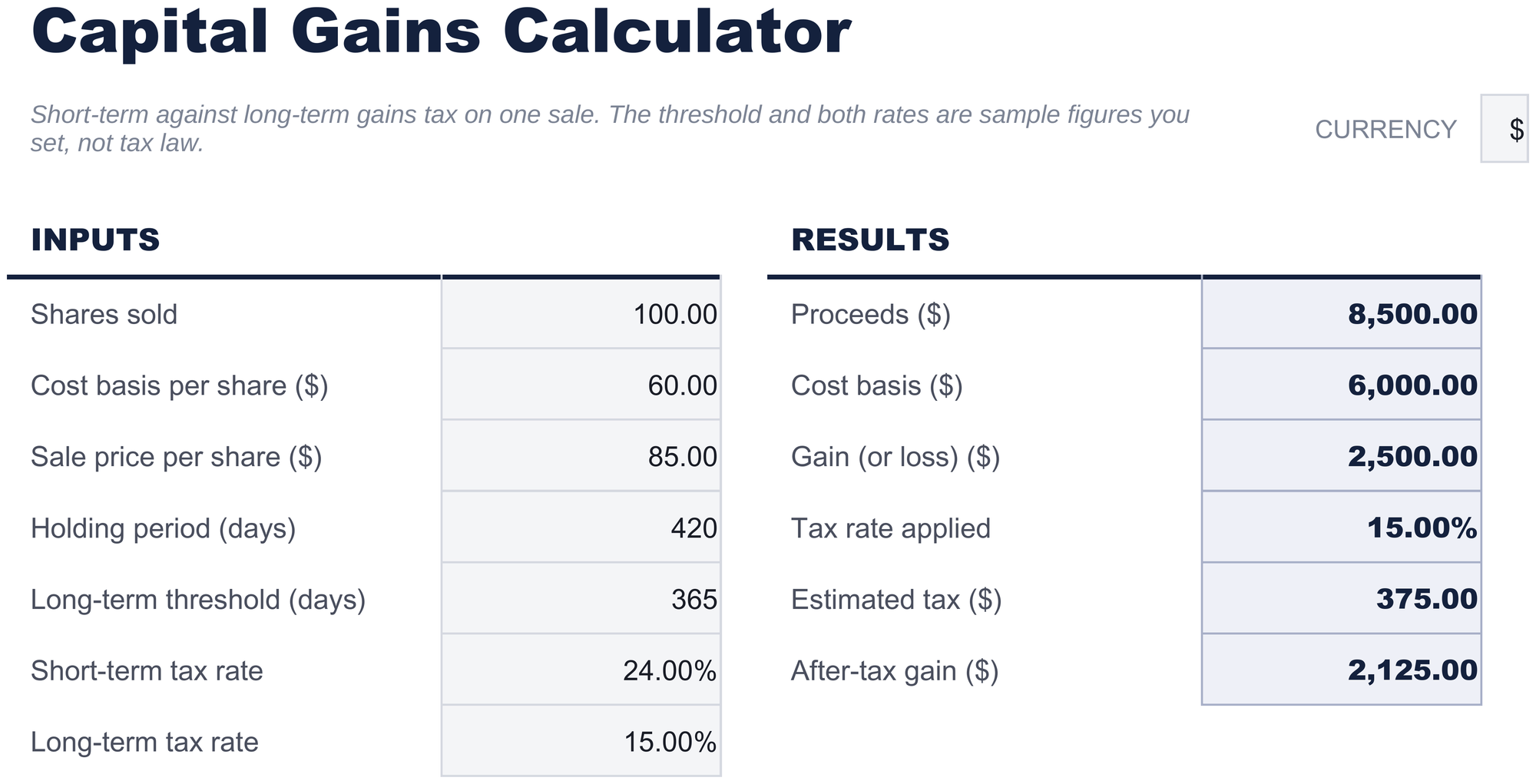 FinancialAha Capital Gains Calculator spreadsheet template - Capital Gains sheet