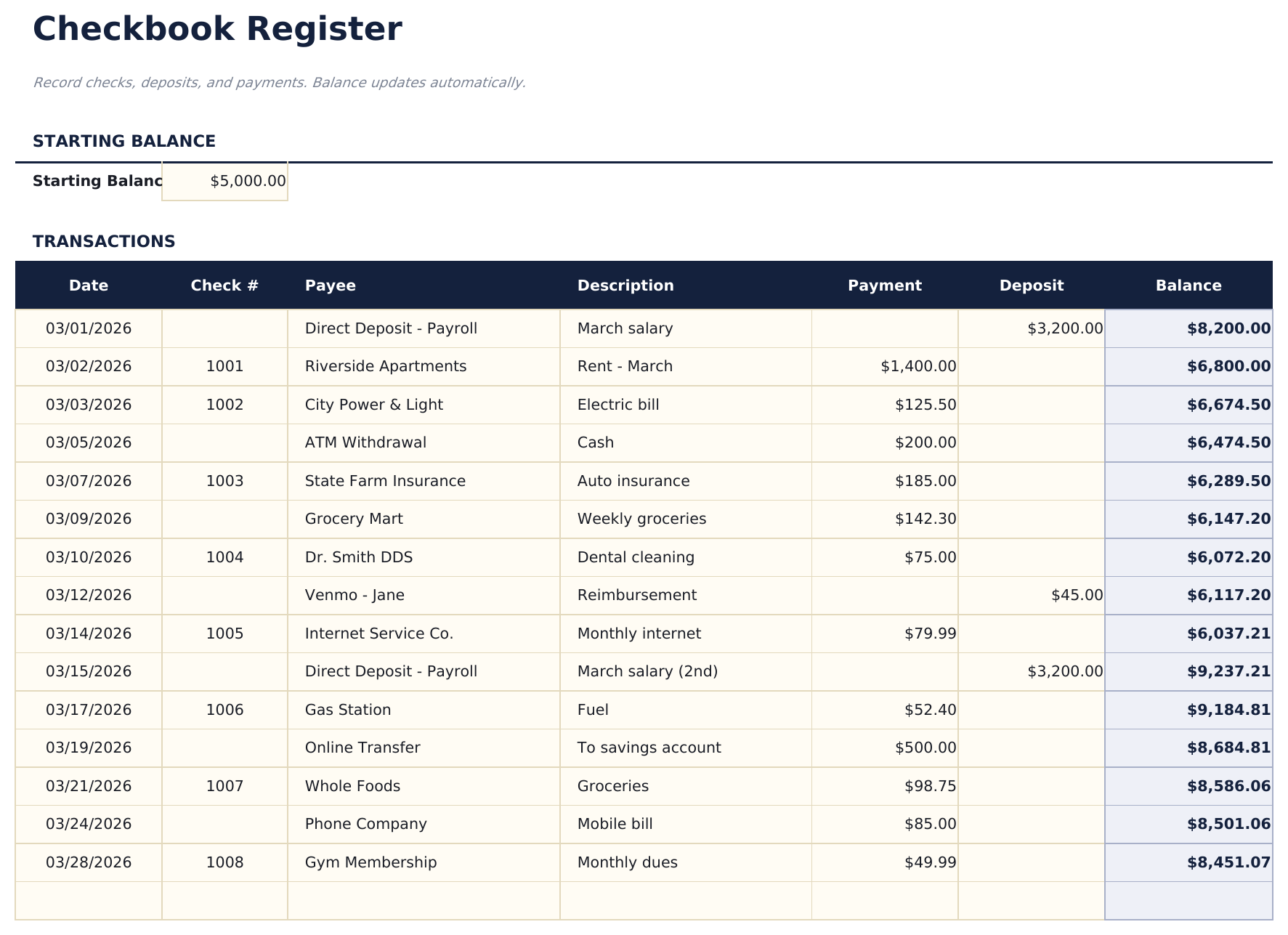Checkbook Register - Register