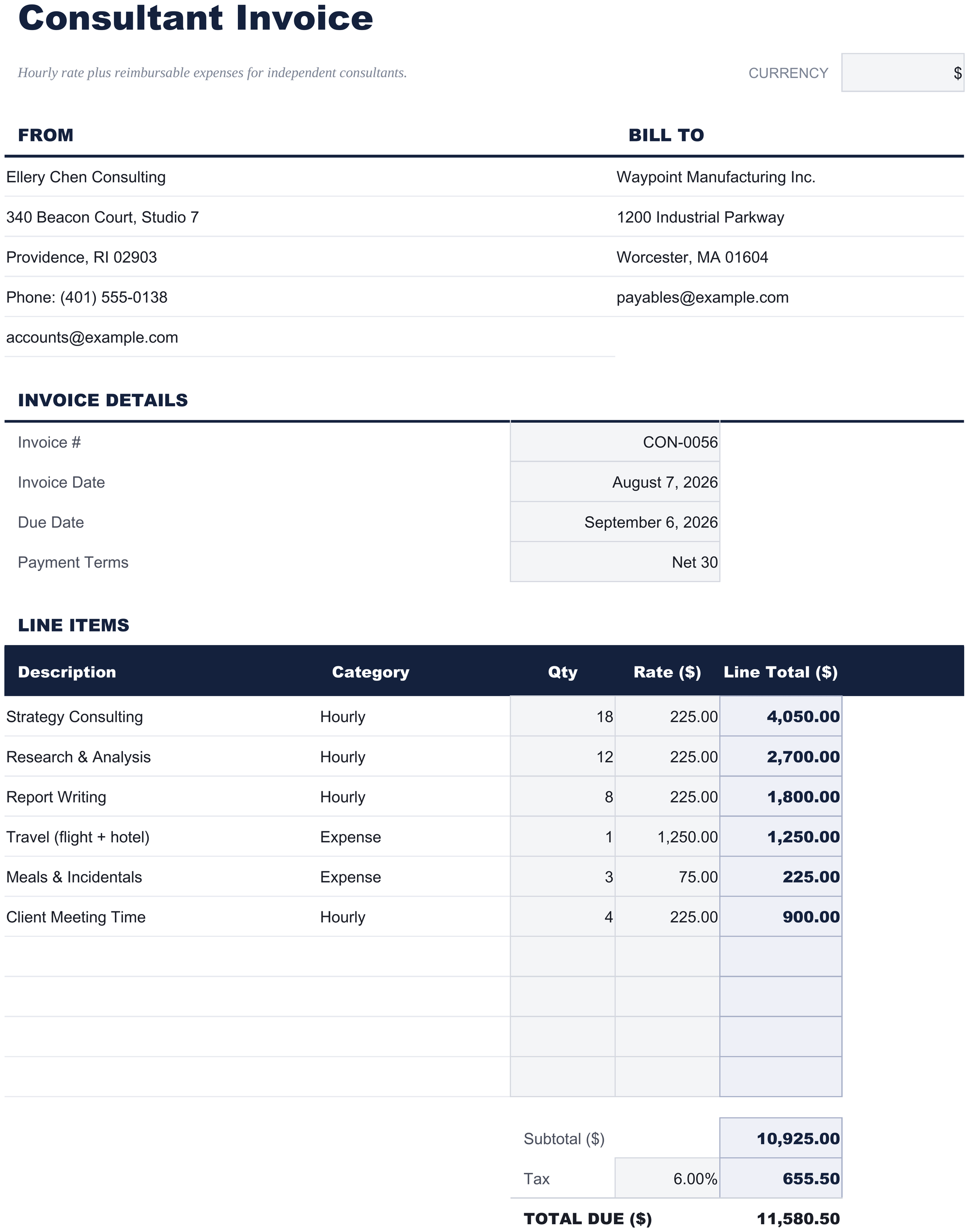FinancialAha Consultant Invoice spreadsheet template - Consultant Invoice sheet