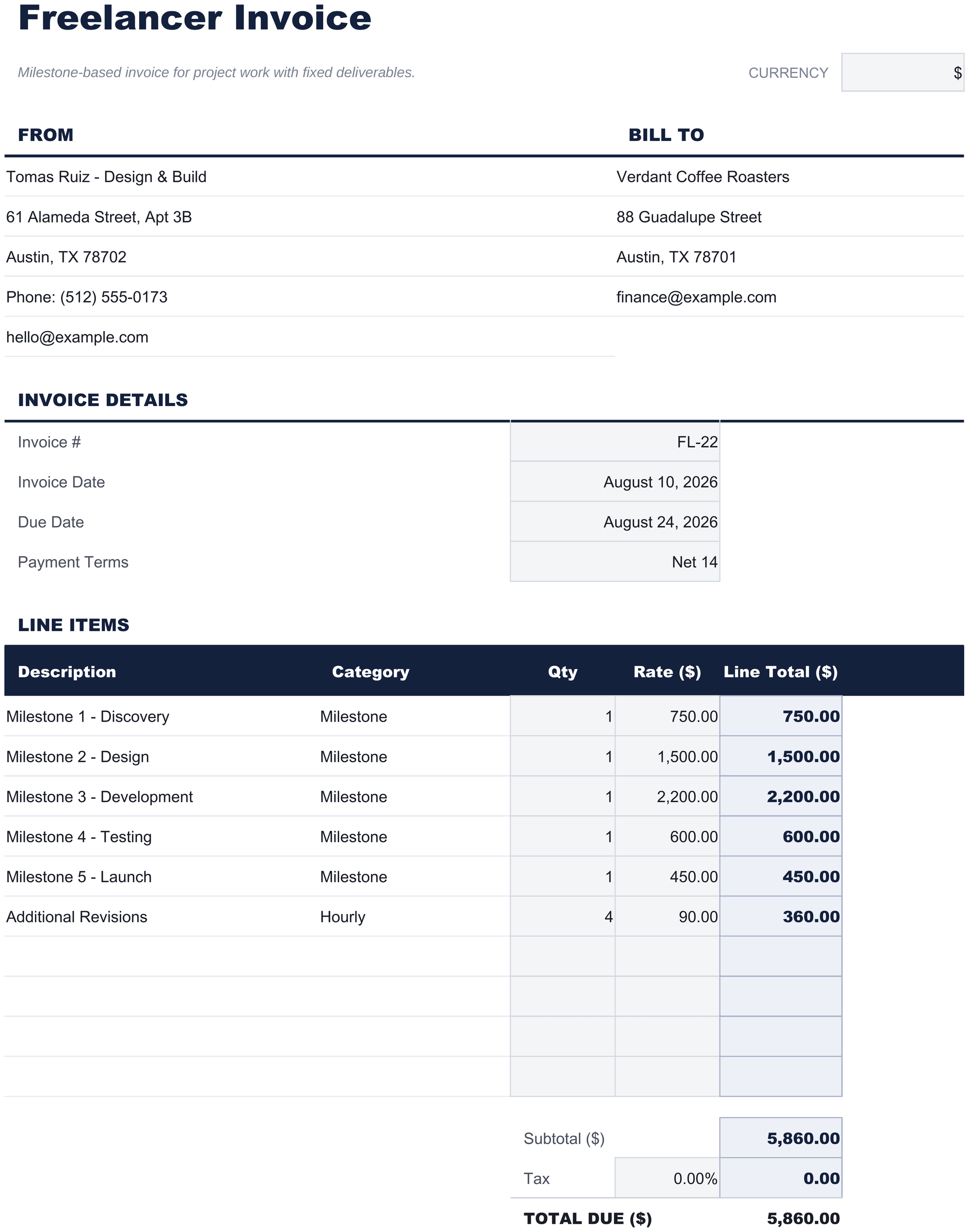 FinancialAha Freelancer Invoice spreadsheet template - Freelancer Invoice sheet