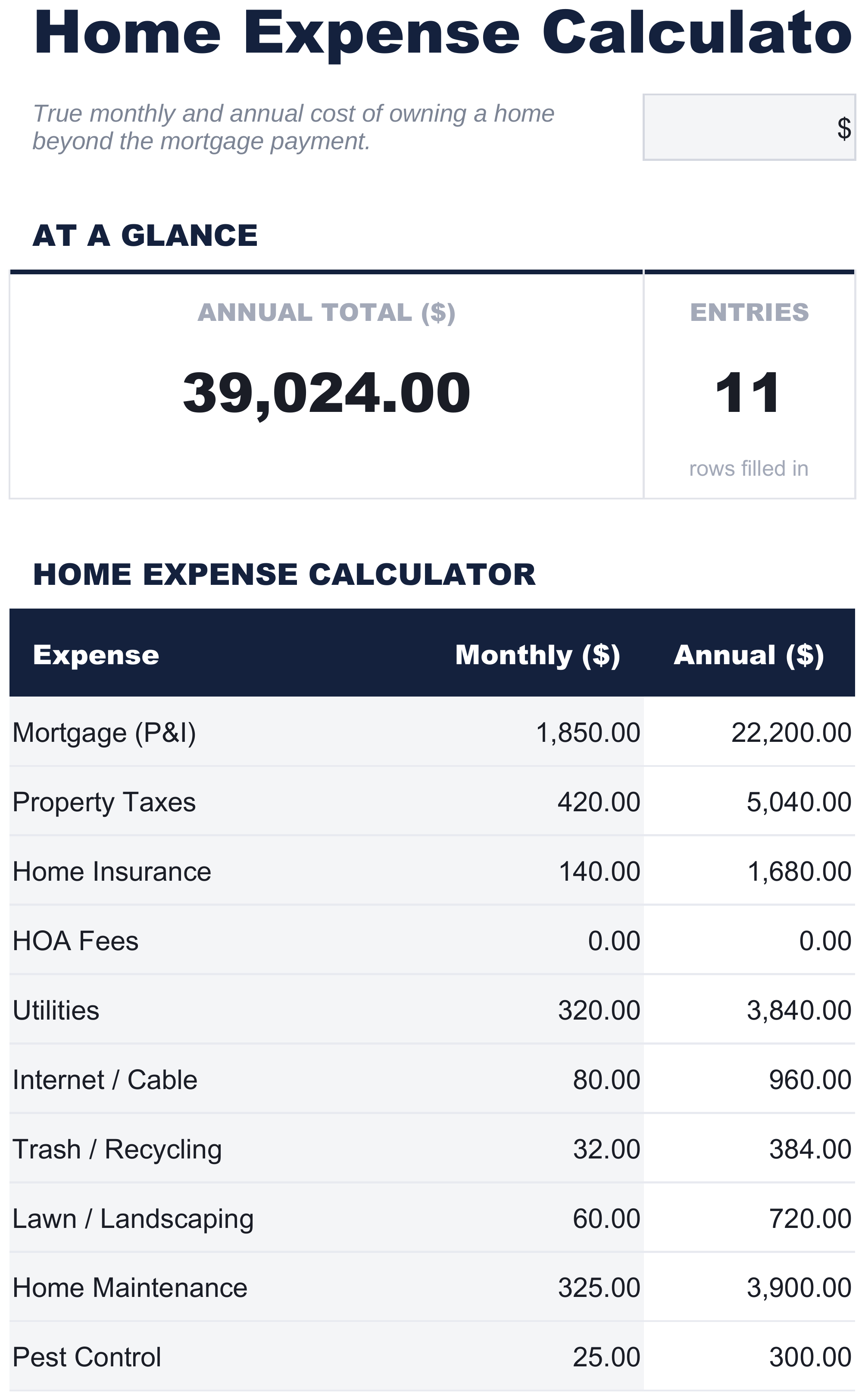 FinancialAha Home Expense Calculator spreadsheet template - Home Costs sheet