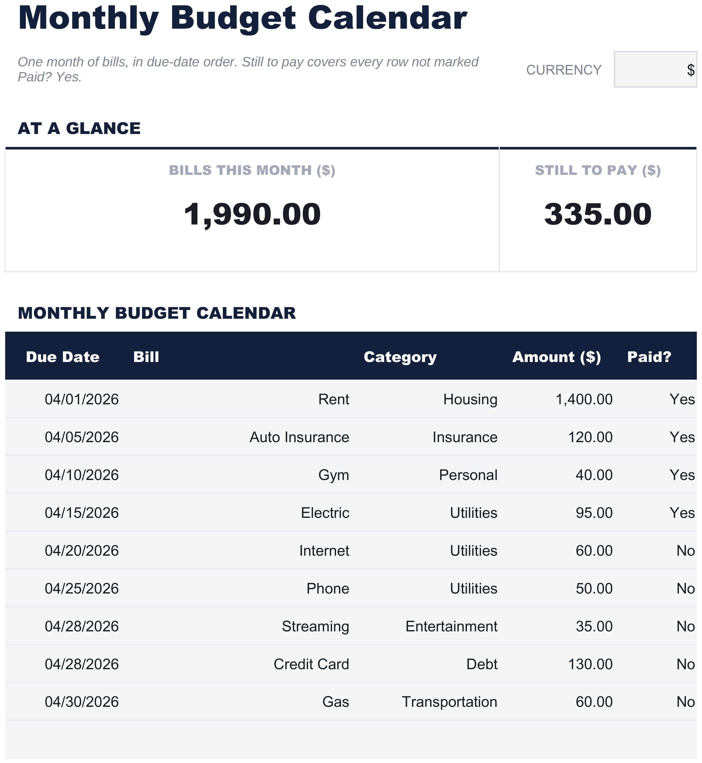 FinancialAha Monthly Budget Calendar spreadsheet template - Monthly Calendar sheet