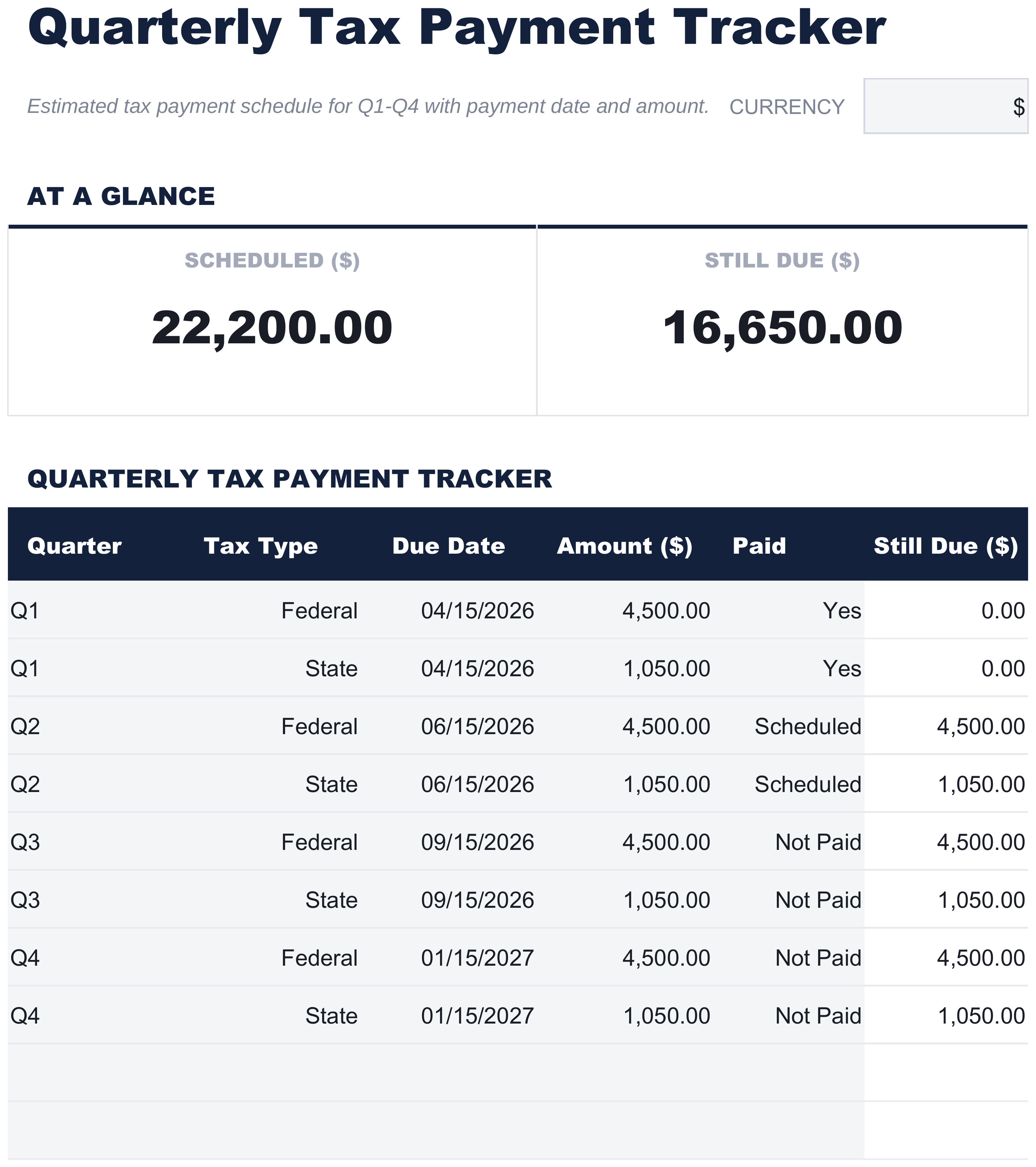 FinancialAha Quarterly Tax Payment Tracker spreadsheet template - Quarterly Taxes sheet