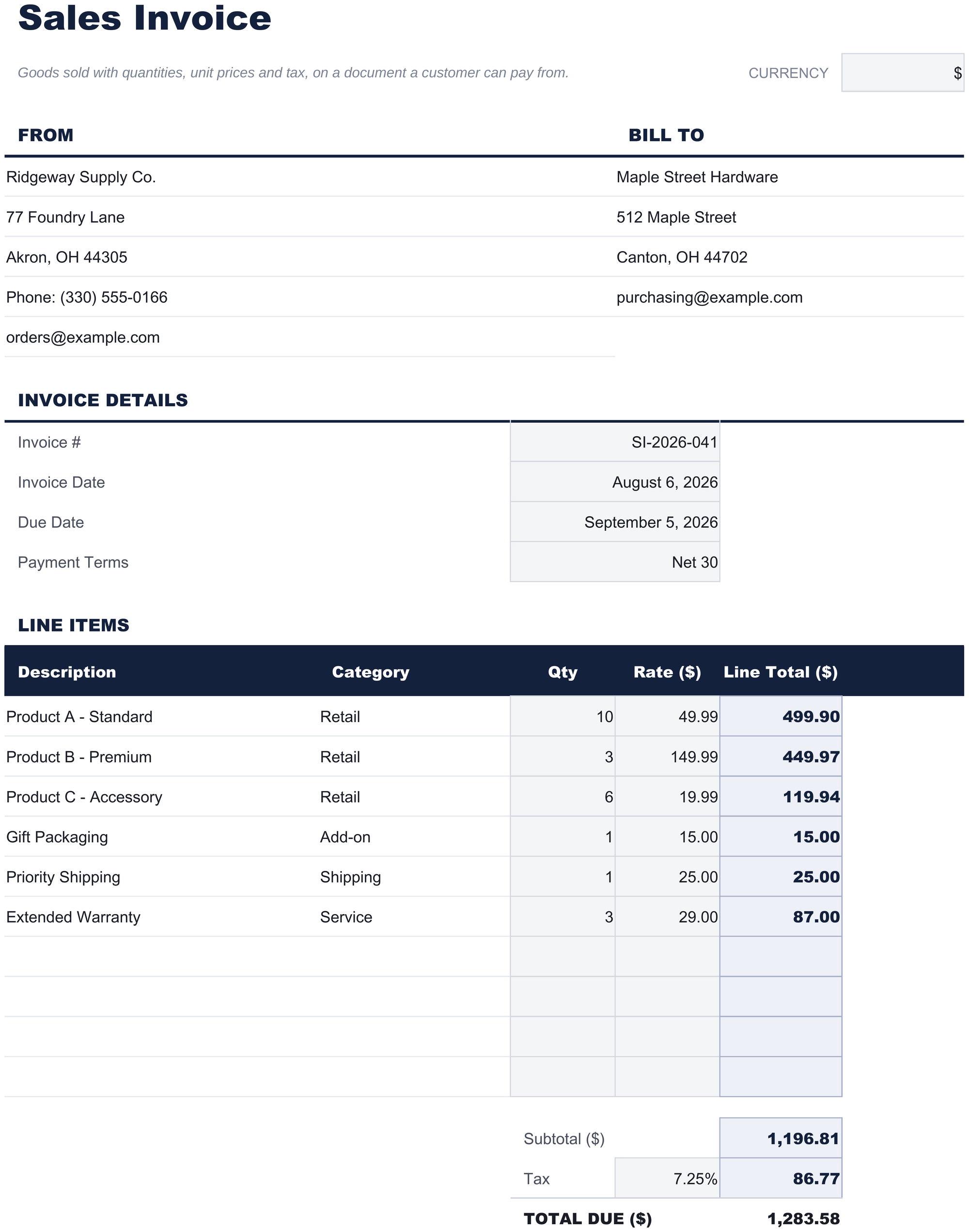 FinancialAha Sales Invoice spreadsheet template - Sales Invoice sheet