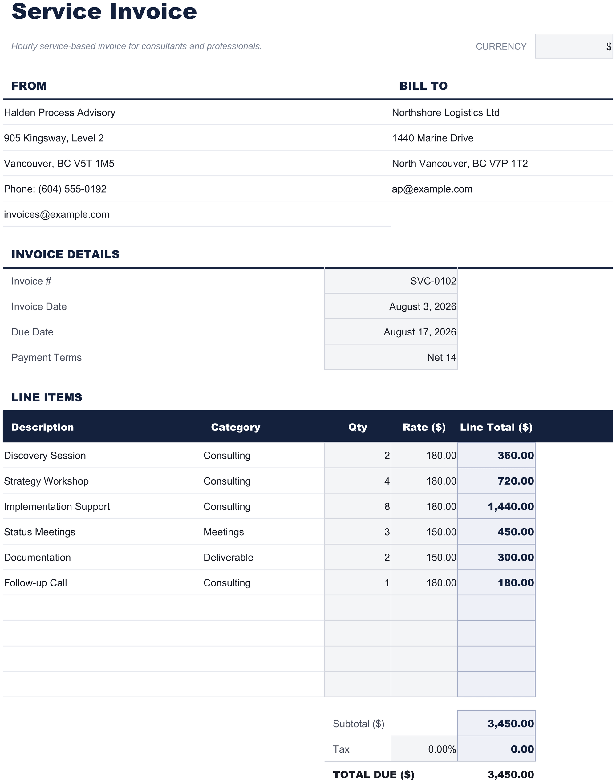 FinancialAha Service Invoice spreadsheet template - Service Invoice sheet