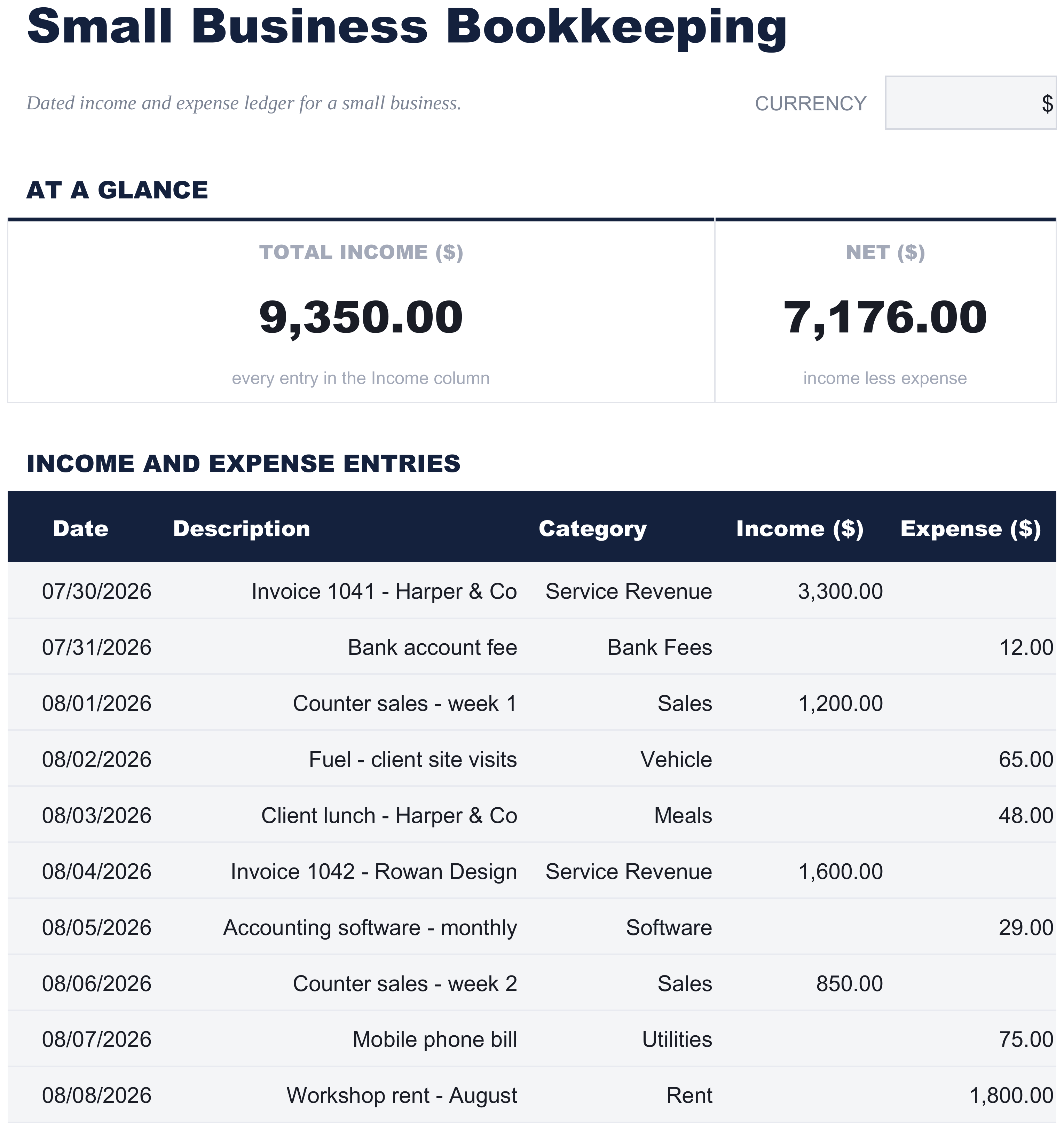 FinancialAha Small Business Bookkeeping spreadsheet template - Bookkeeping sheet