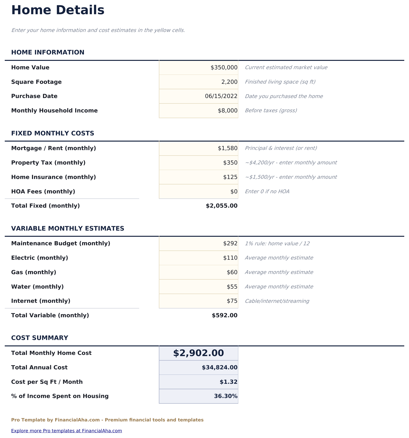 Home Expense Calculator Pro - Home Details