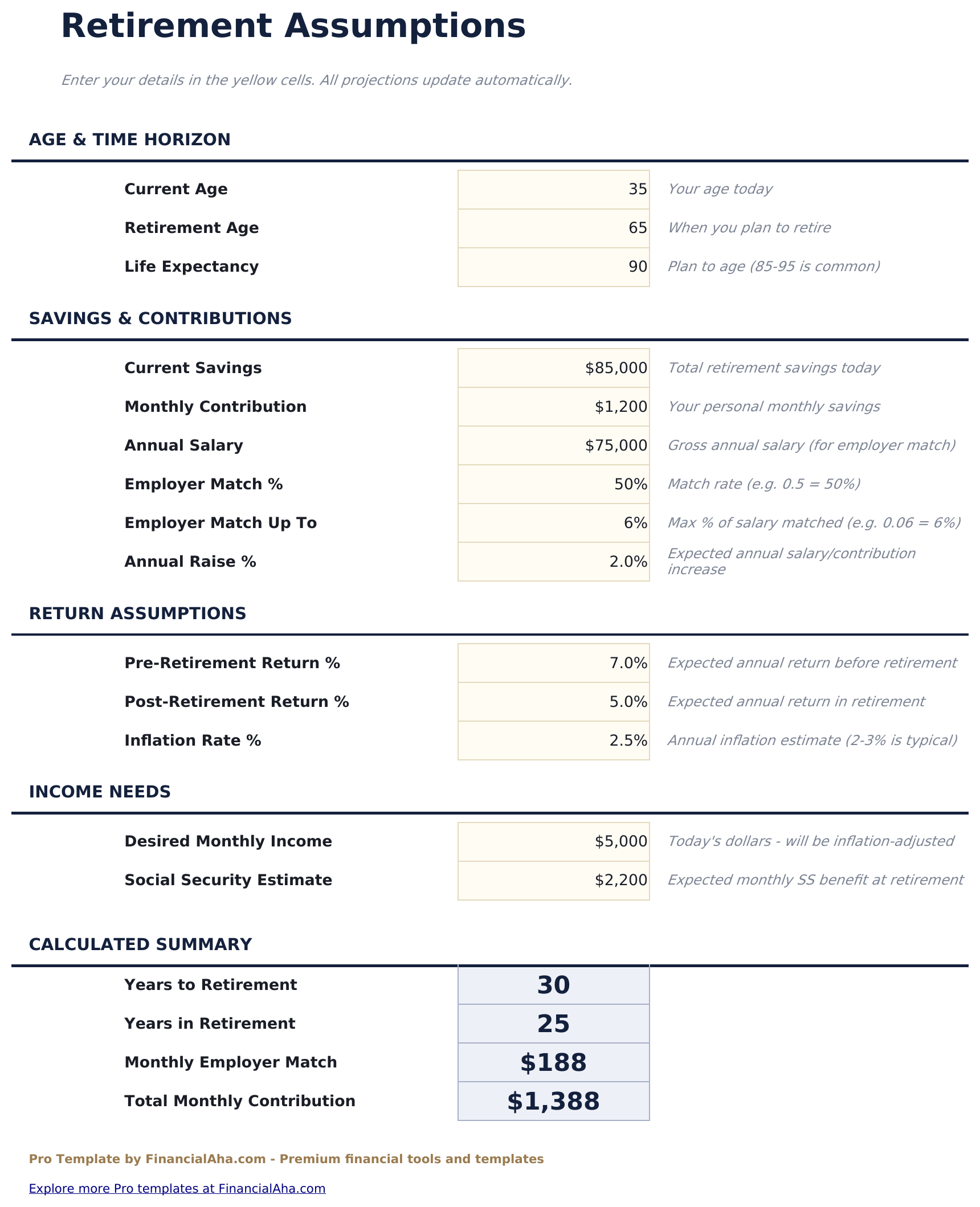 Retirement Calculator Pro - Assumptions