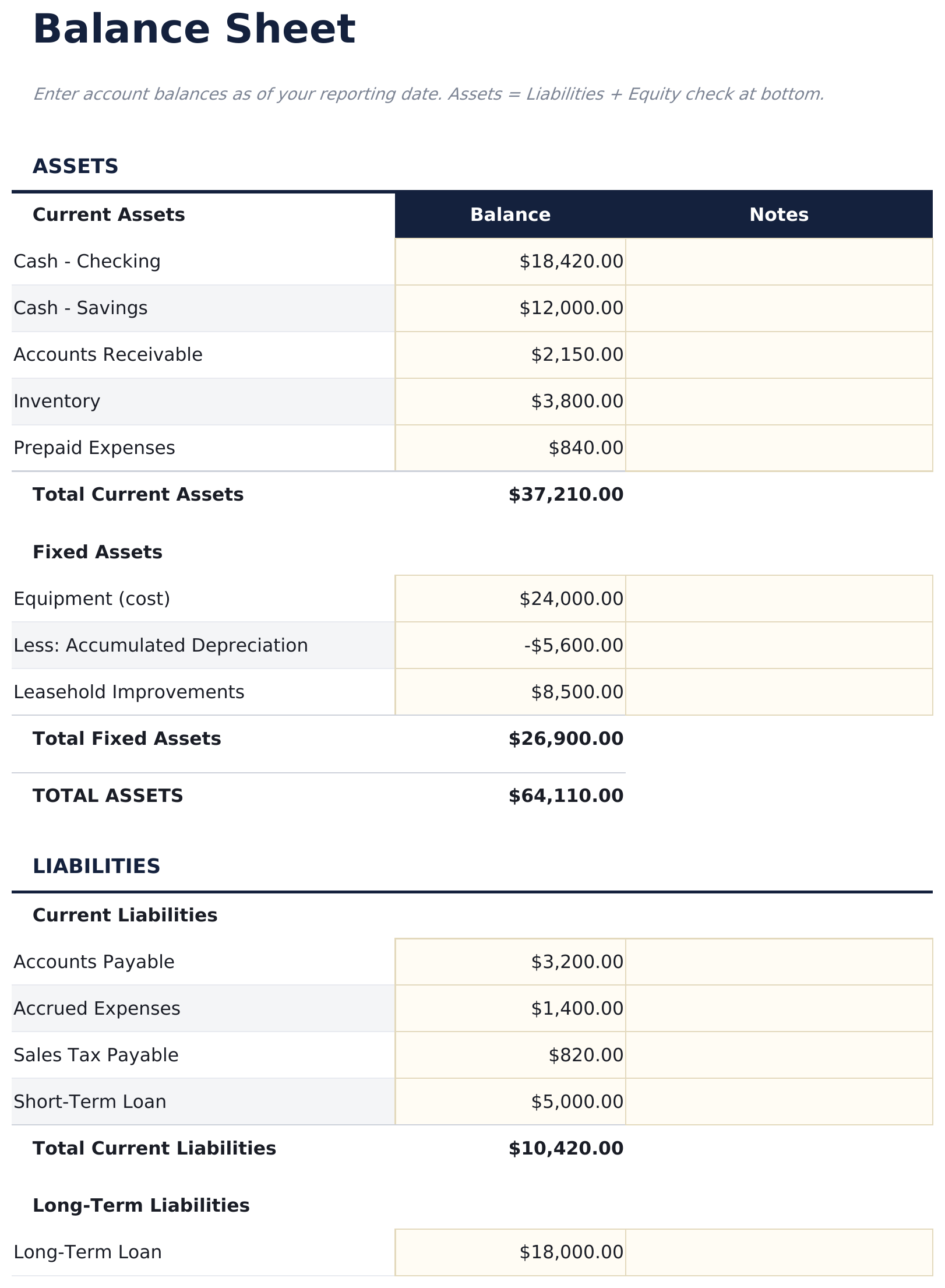 Small Business Bookkeeping Pro - Balance Sheet