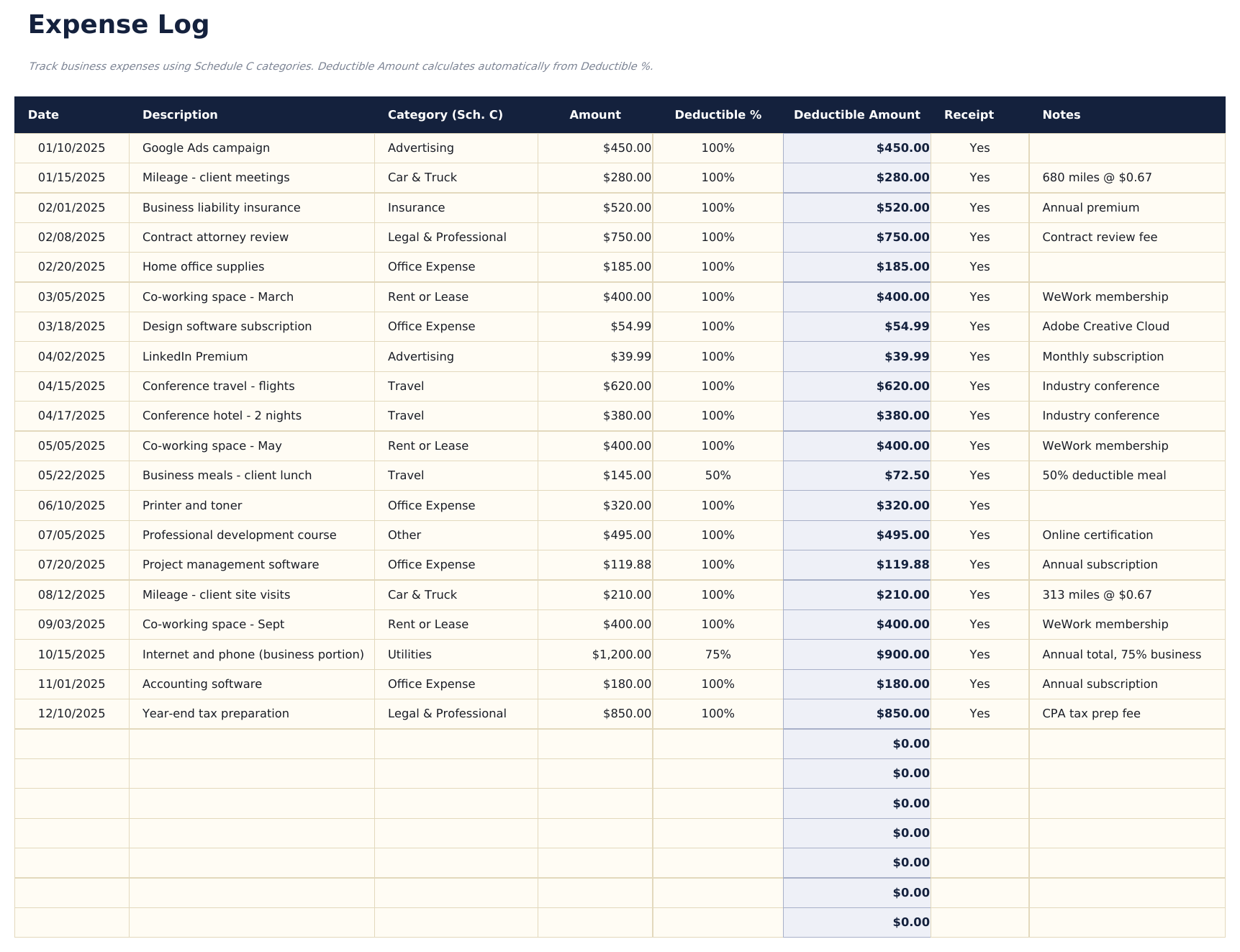 Rastreador de Ingresos 1099 Ultimate - Expense Log