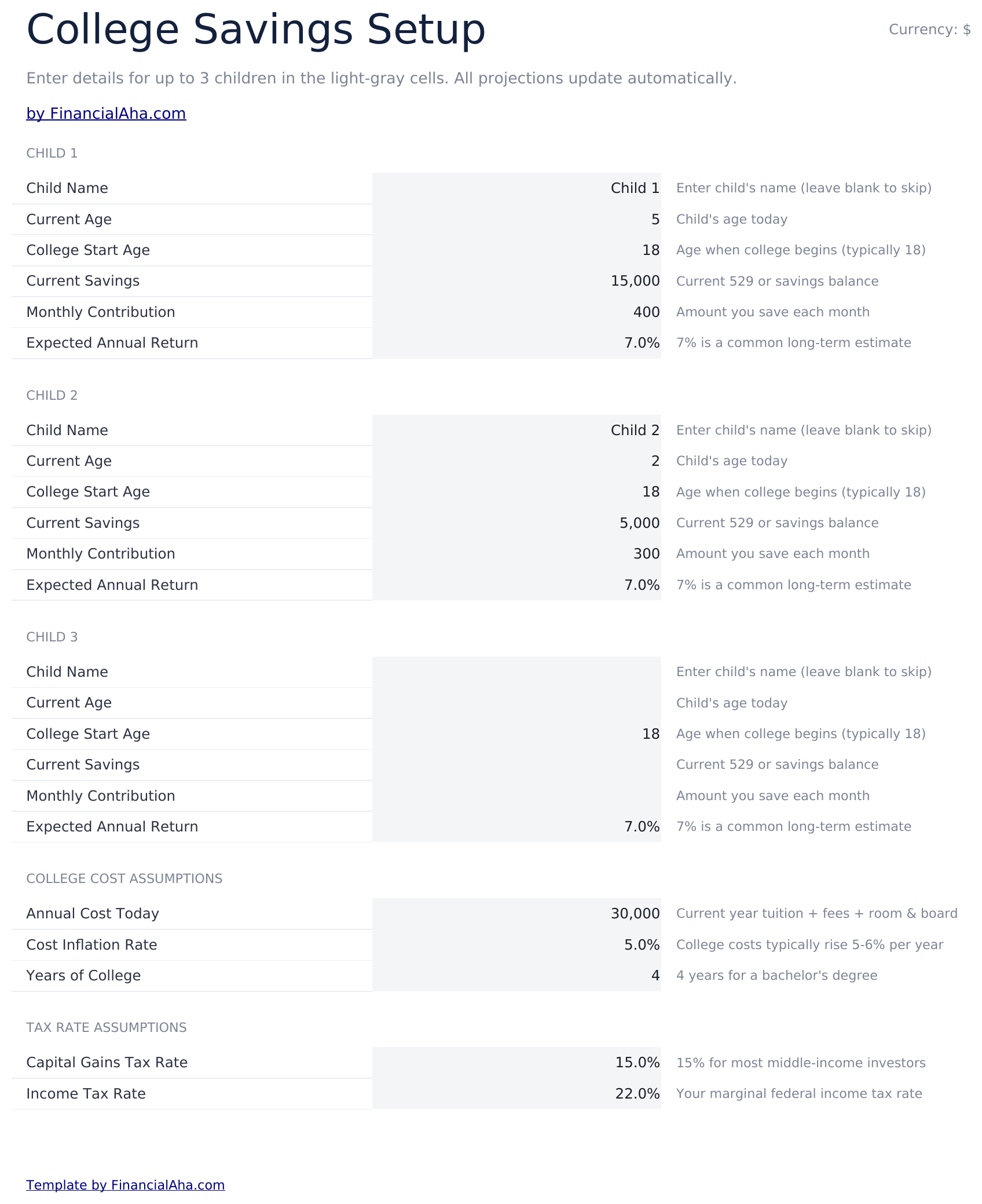 College Savings Calculator Ultimate - Setup