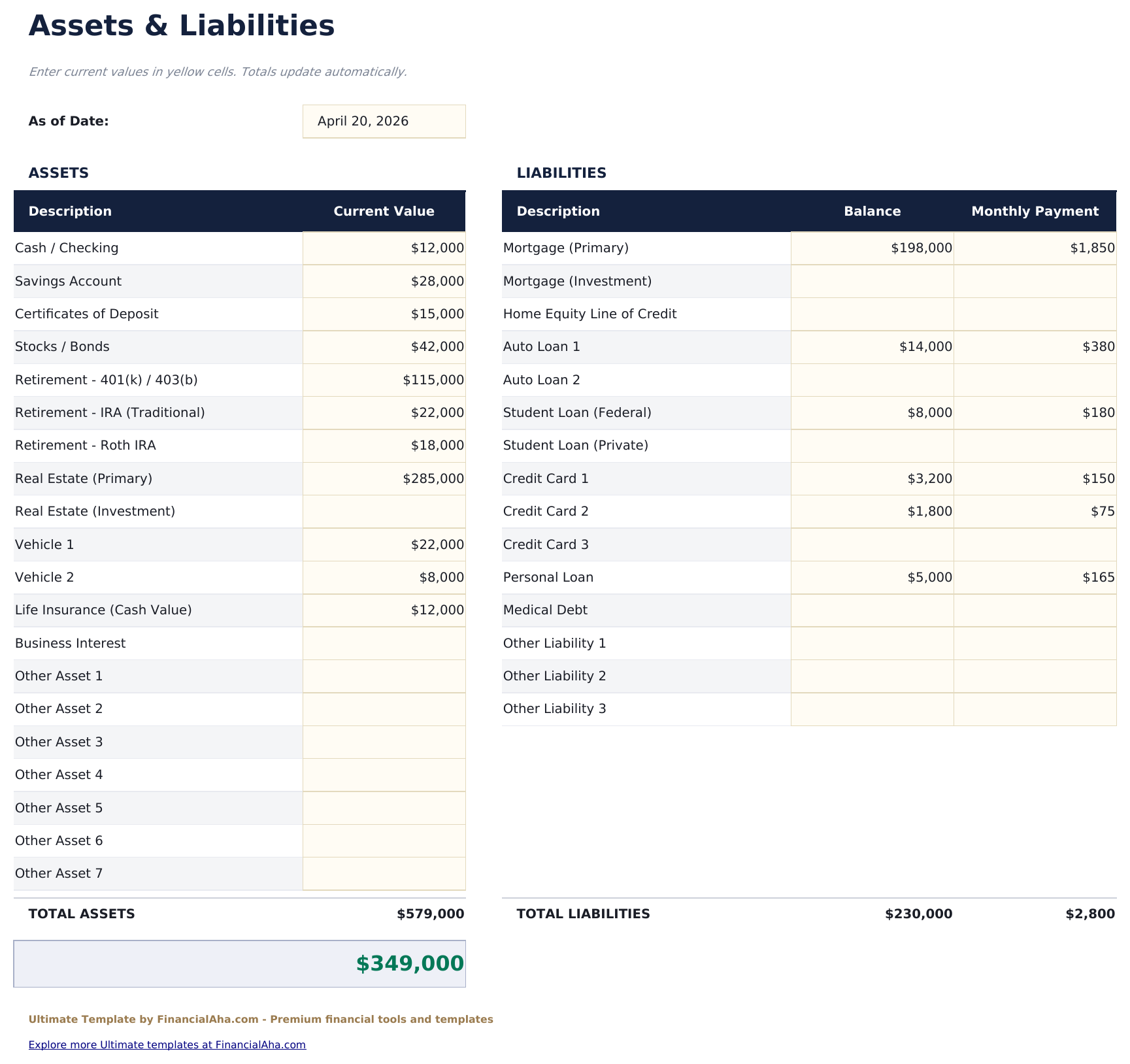 专业版个人财务报表 - Assets  Amp  Liabilities